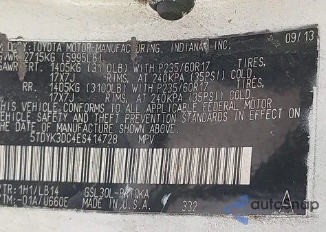 2014 Toyota Sienna Xle V6 8 Passenger из США, поврежденный, VIN 5TDYK3DC4ES414728